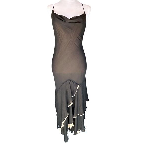 Y2K Silk Slip Dress Dark Fairy Whimsygoth 7 8 Cowl Neck Jellyfish Ruffles Bias - Picture 3 of 14